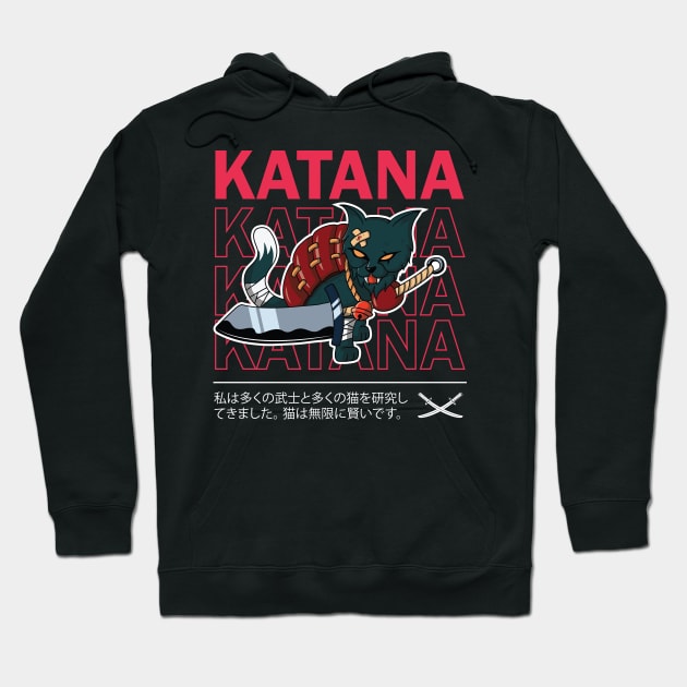 Fierce Repeated Katana Text Cat T-Shirt Hoodie by Ampzy